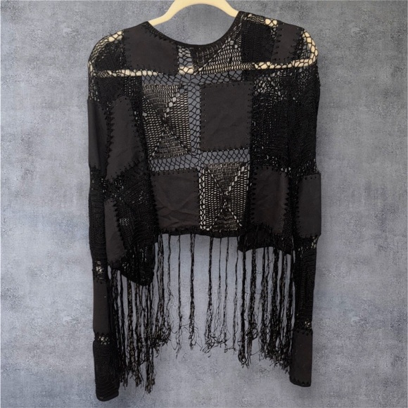 Vintage Unique Black Crochet faux leather fringe  Western Cardigan - Picture 1 of 8